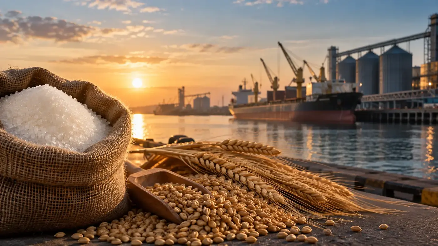 Raw sugar, wheat and barley arranged beside a bulk vessel and grain export terminal