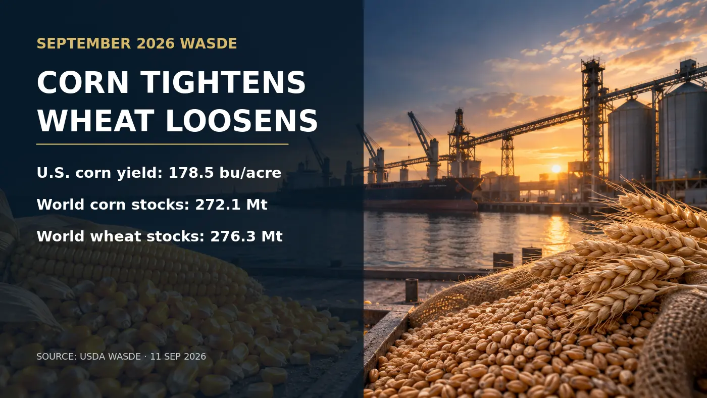 September 2026 USDA WASDE corn and wheat figures displayed over a grain export terminal