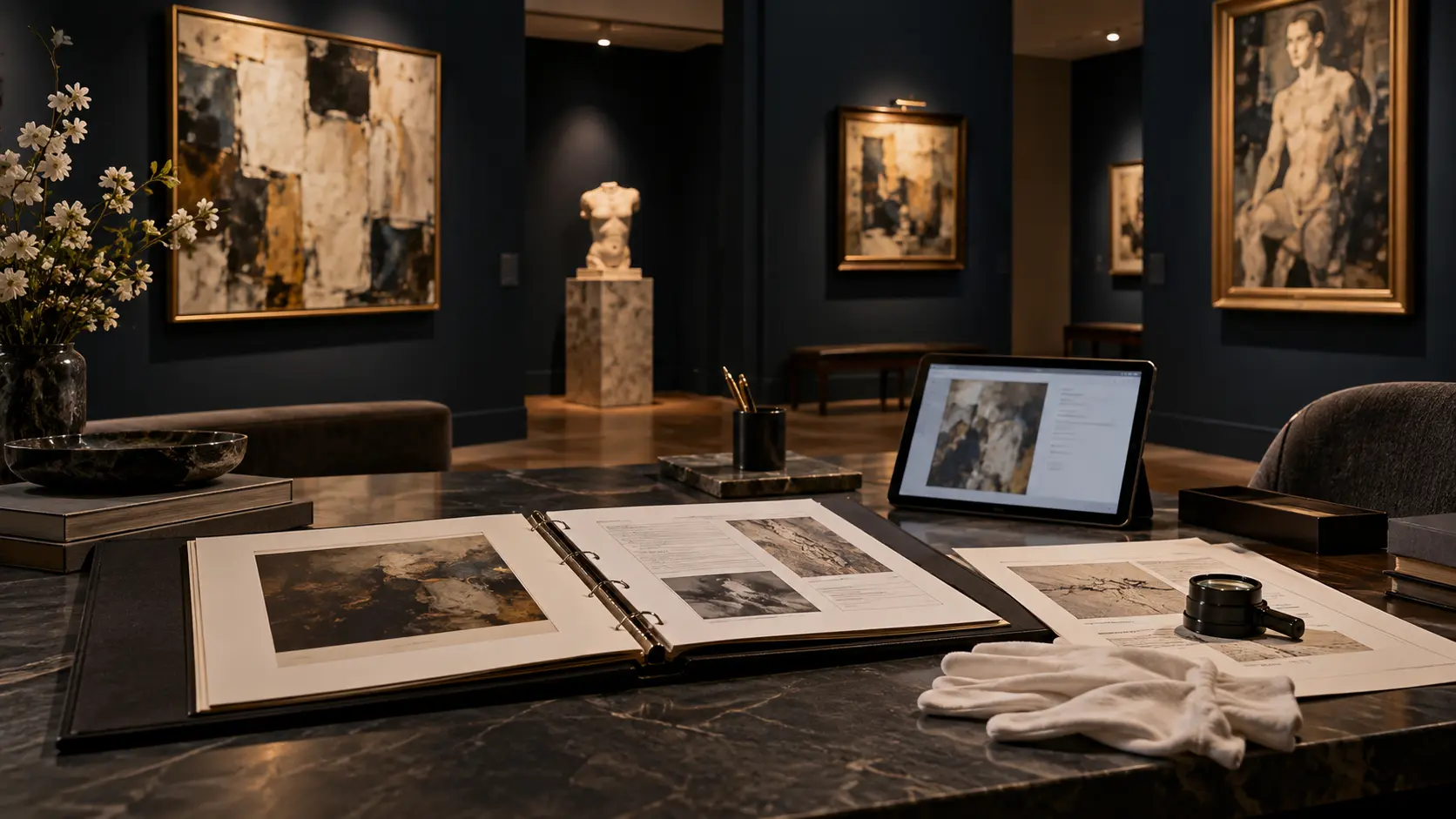 Private gallery table with provenance files, inspection gloves and a magnifying loupe