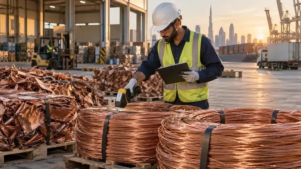 Inspector checking bundled copper wire and sorted copper scrap at a Gulf logistics facility