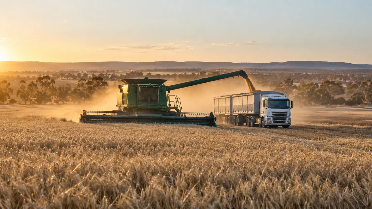 Combine harvester transferring wheat to a truck in an Australian field