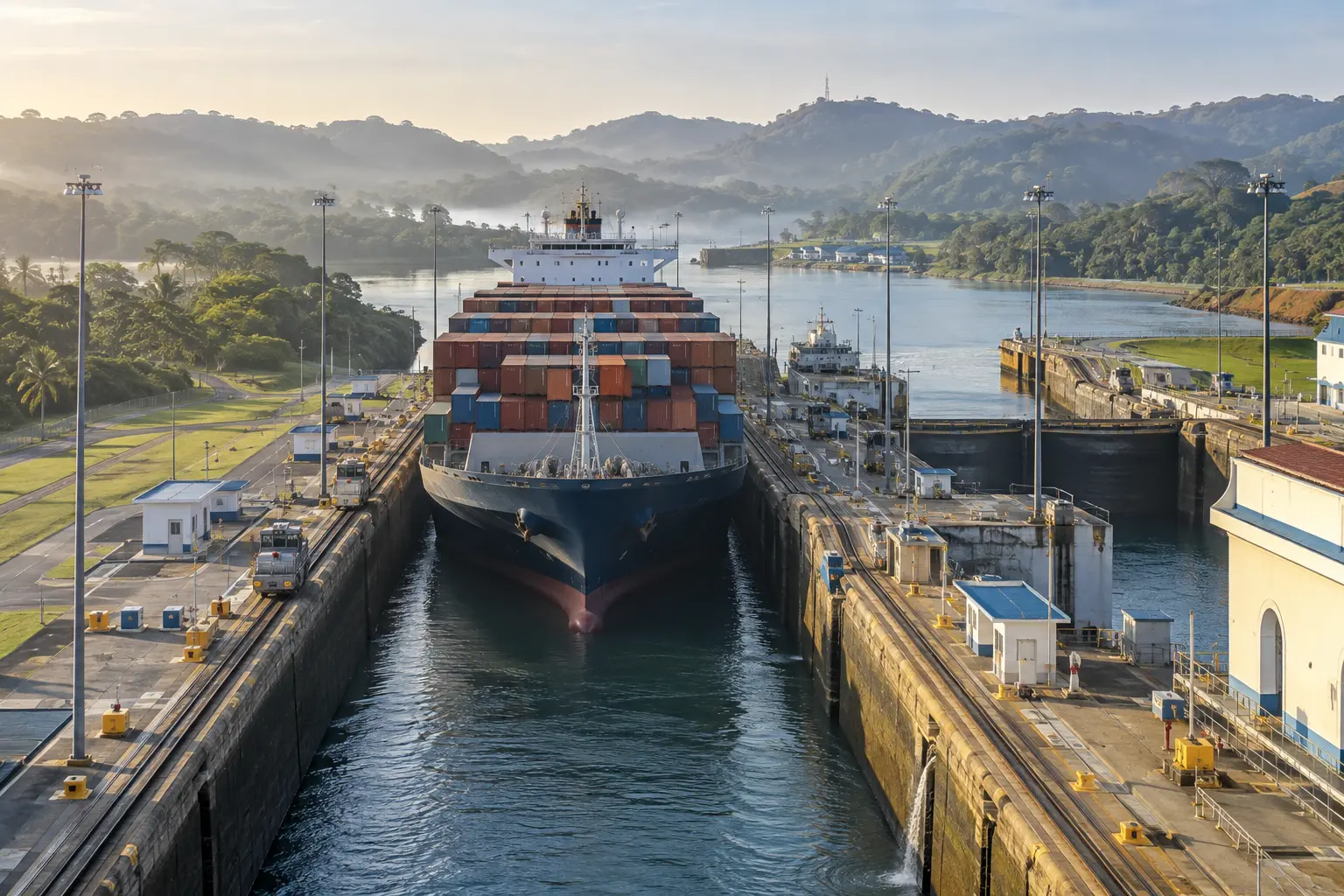 Container vessel passing through the Panama Canal locks in morning light