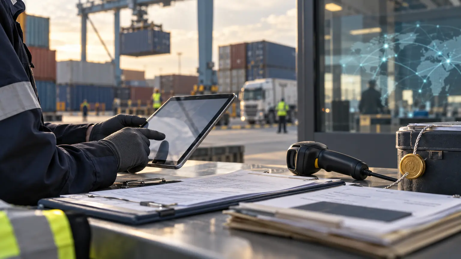 Customs inspector reviewing shipping records and digital cargo data at a freight terminal
