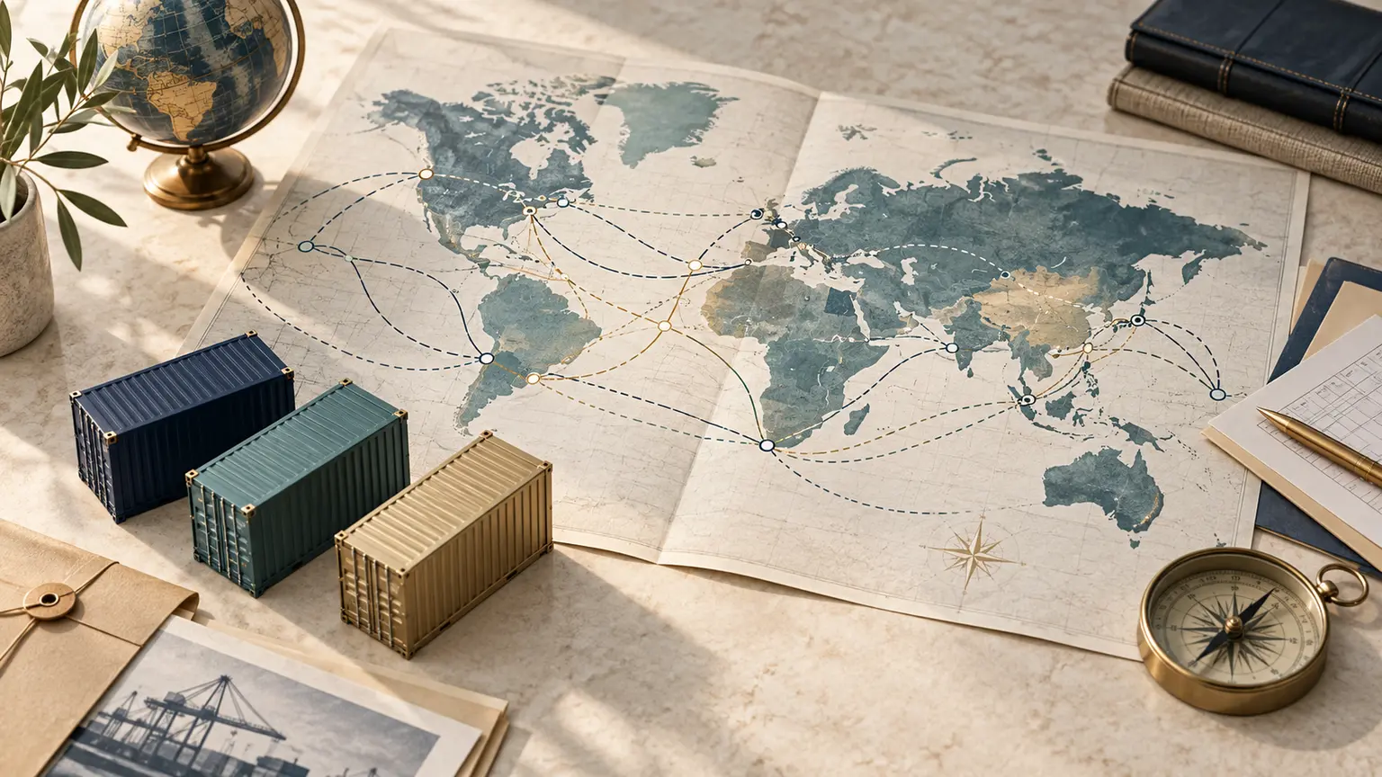 Cargo containers, world map, documents and compass illustrating diversified trade routes