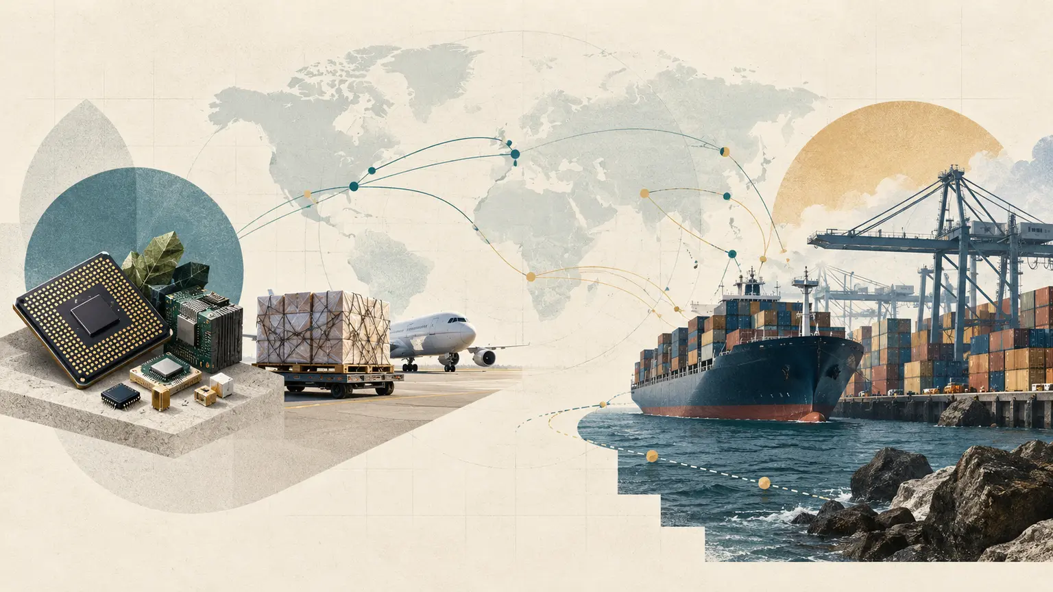 Editorial illustration of electronic components, air cargo and container shipping moving at different speeds
