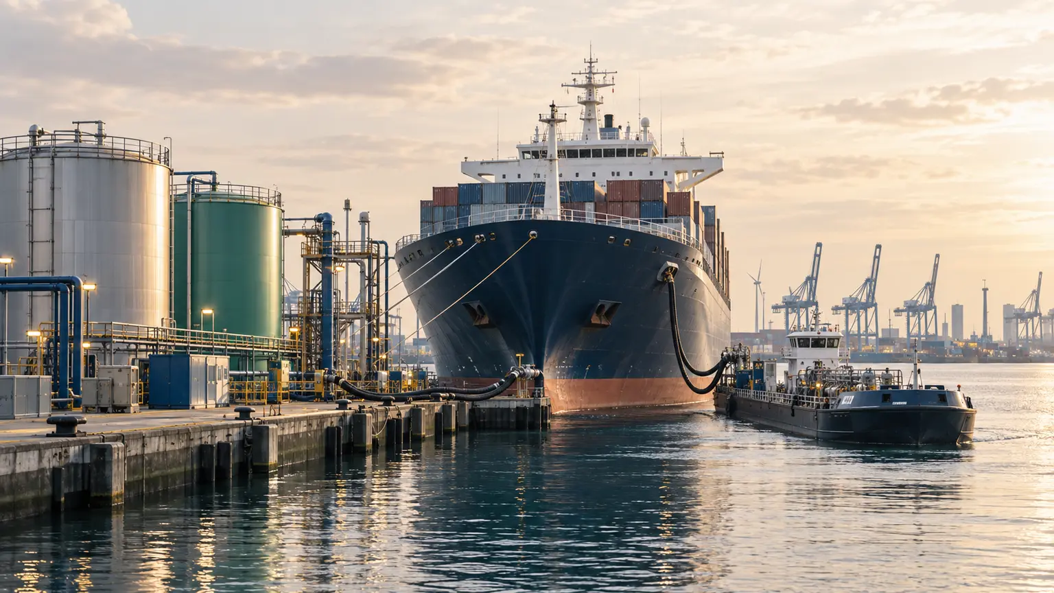 Cargo vessel receiving marine fuel at a modern Rotterdam-style bunkering terminal