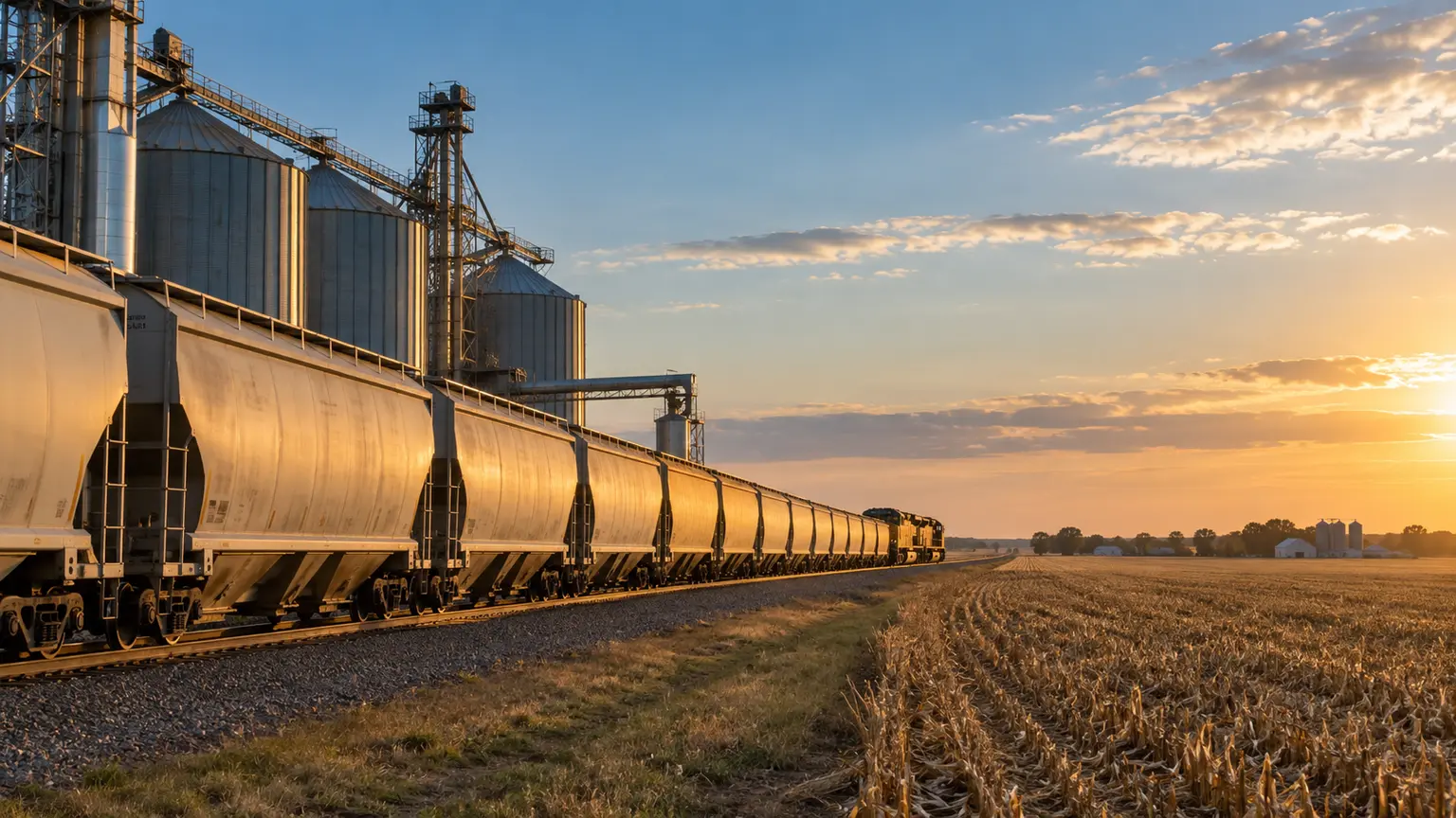 Covered grain hopper train passing a grain elevator and harvested fields in the American Midwest