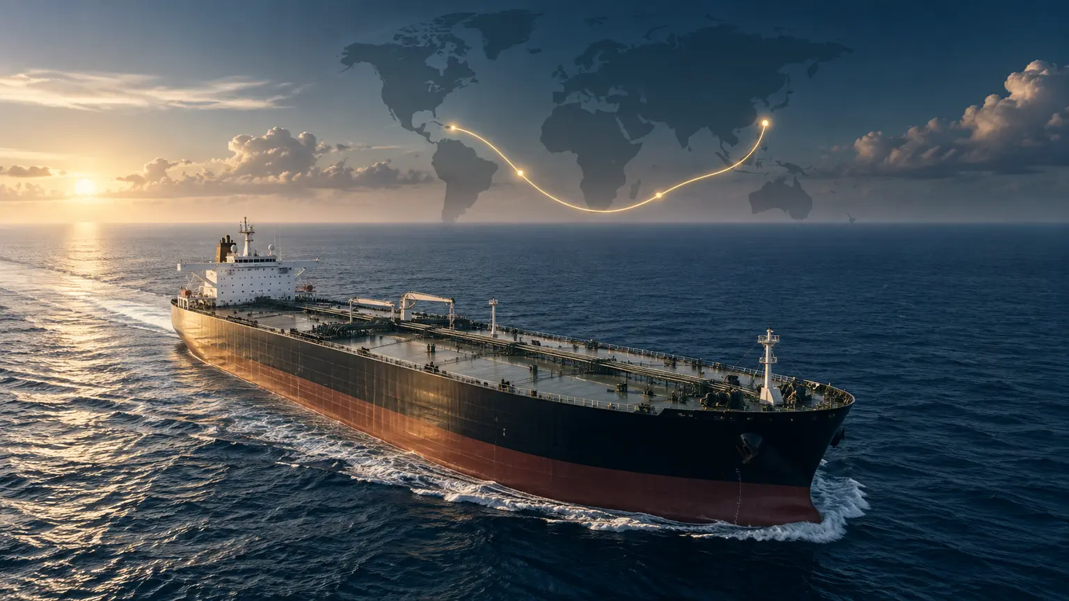Very large crude carrier sailing beneath a map of a longer Atlantic-to-Asia shipping route