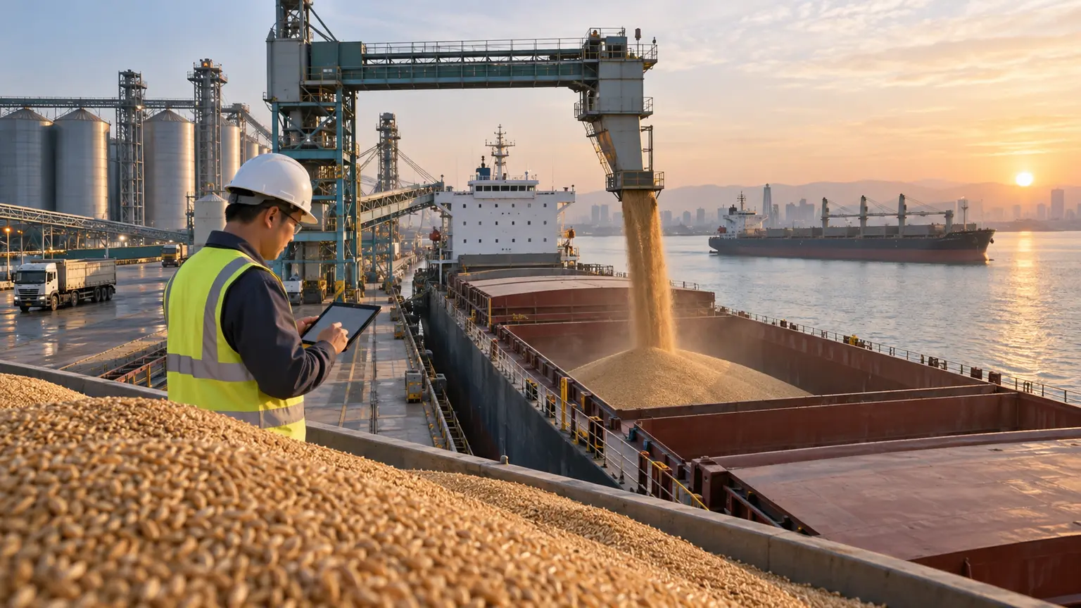Wheat cargo being inspected at a modern Asian grain import terminal