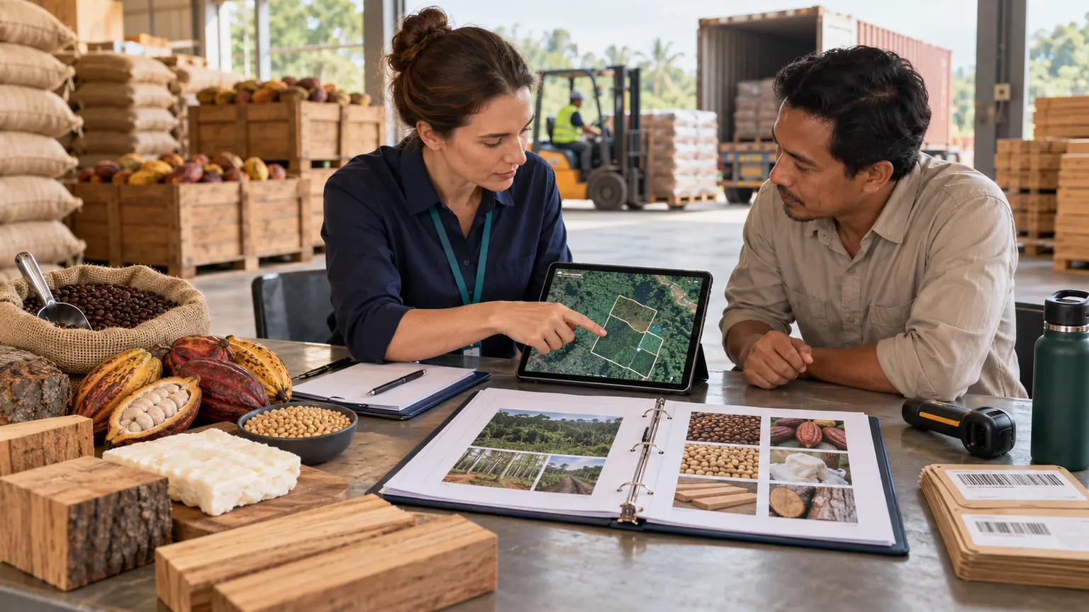 Commodity supplier and compliance professional reviewing farm geolocation and traceability records