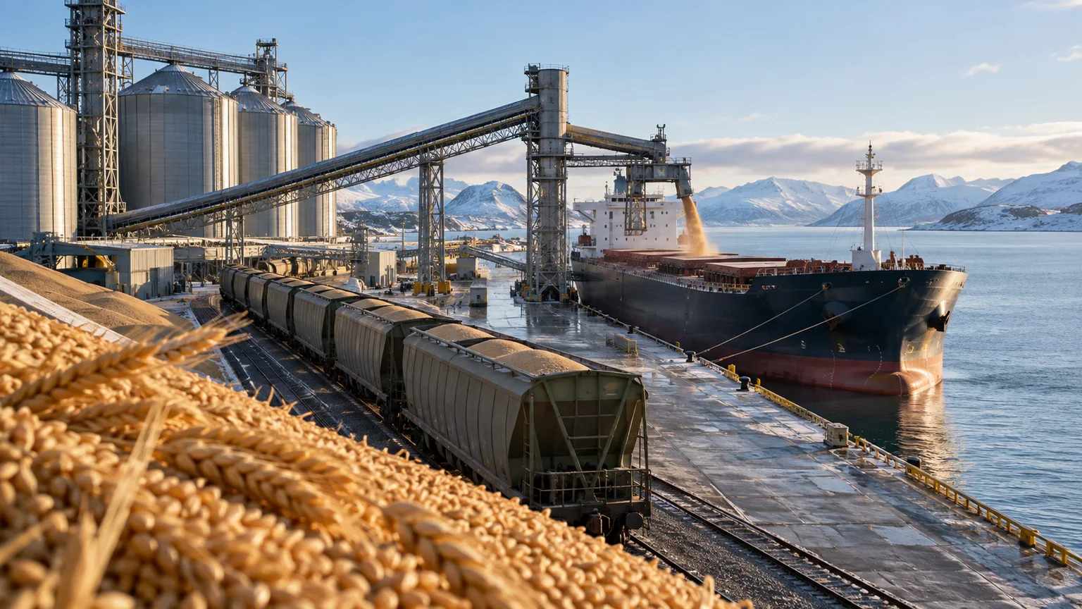 Grain terminal, rail wagons and bulk carrier at a cold northern port