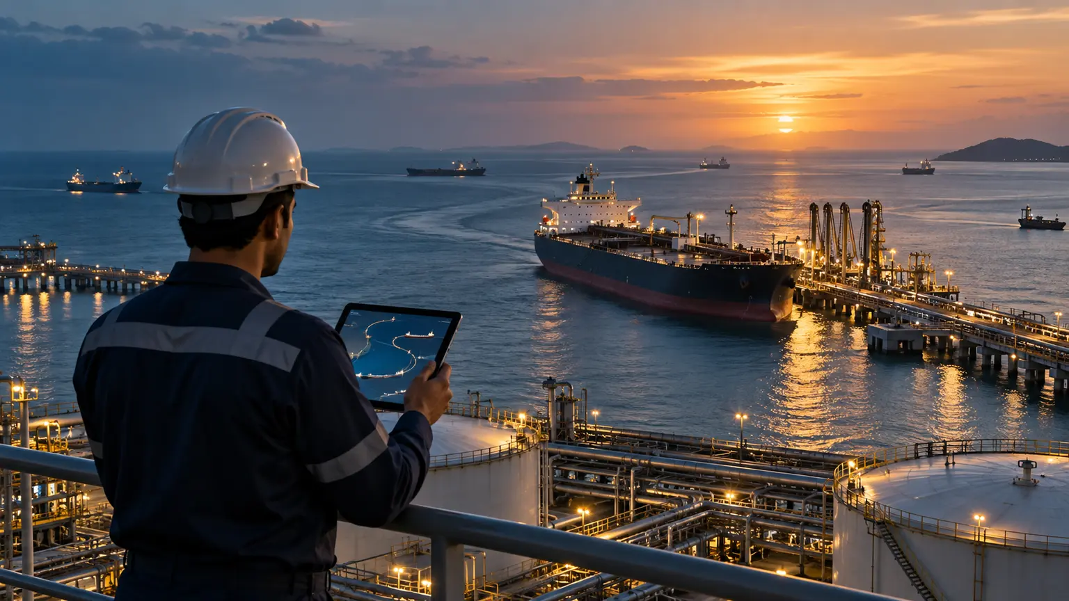 Procurement professional reviewing tanker routes at an Indian coastal oil terminal