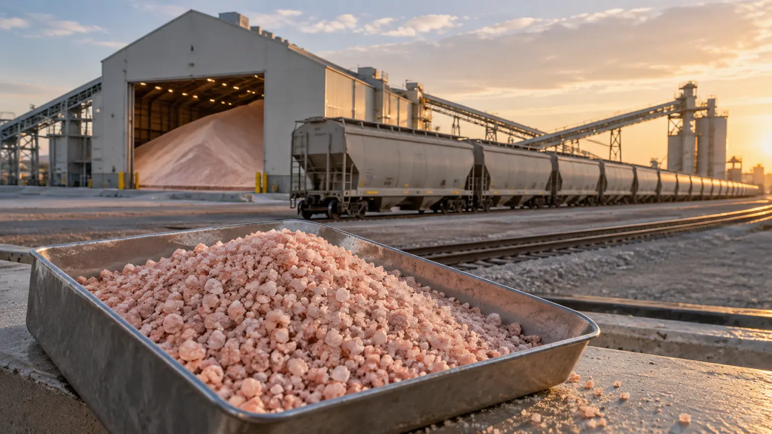 Potash sample beside rail hopper cars at a fertilizer terminal