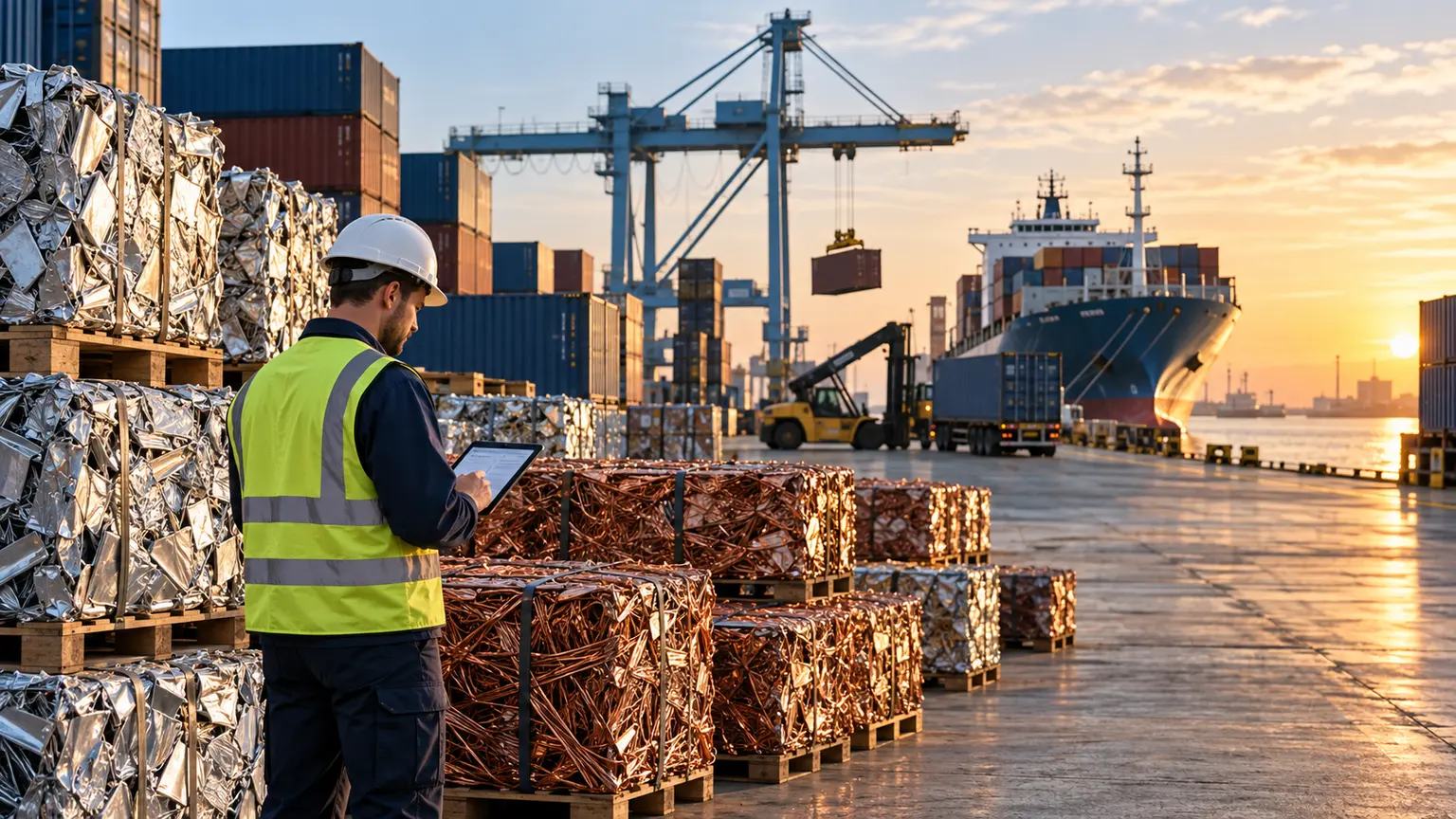 Inspector reviewing metal scrap bales at a European export terminal