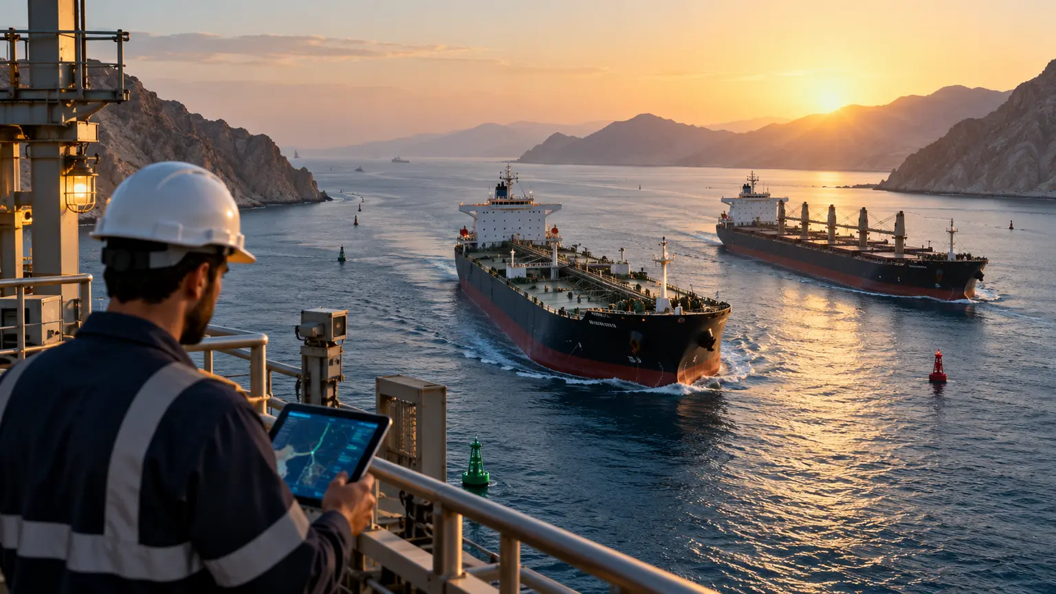 Commercial vessels transiting a narrow Gulf shipping lane under operational observation