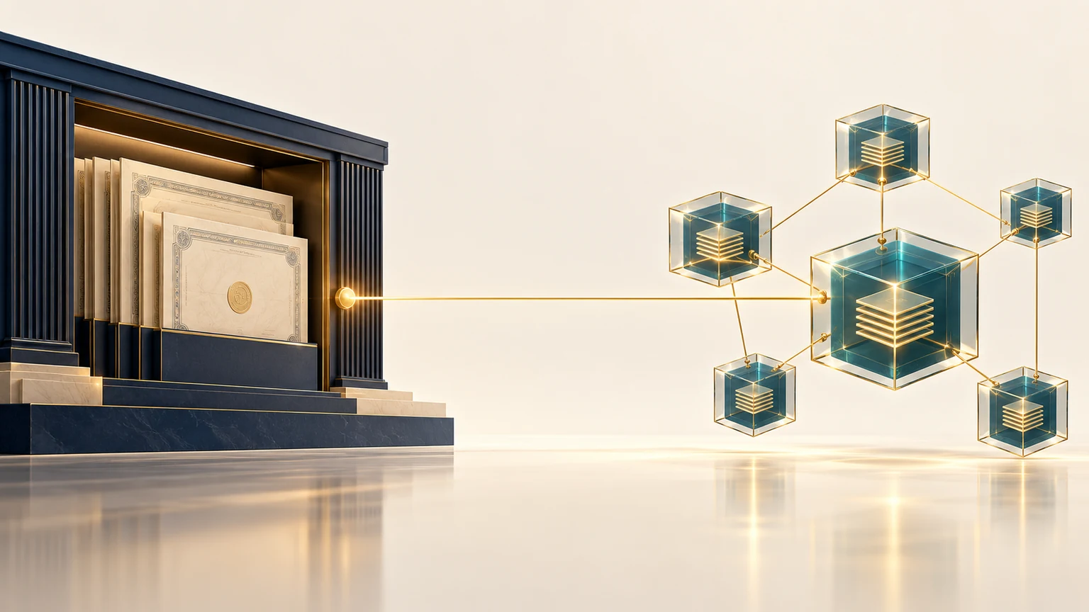 Abstract editorial illustration of a traditional securities record linked to a digital ledger