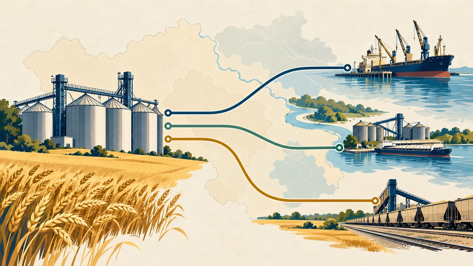 Editorial illustration of grain storage and three routes to a seaport, river terminal and rail hub