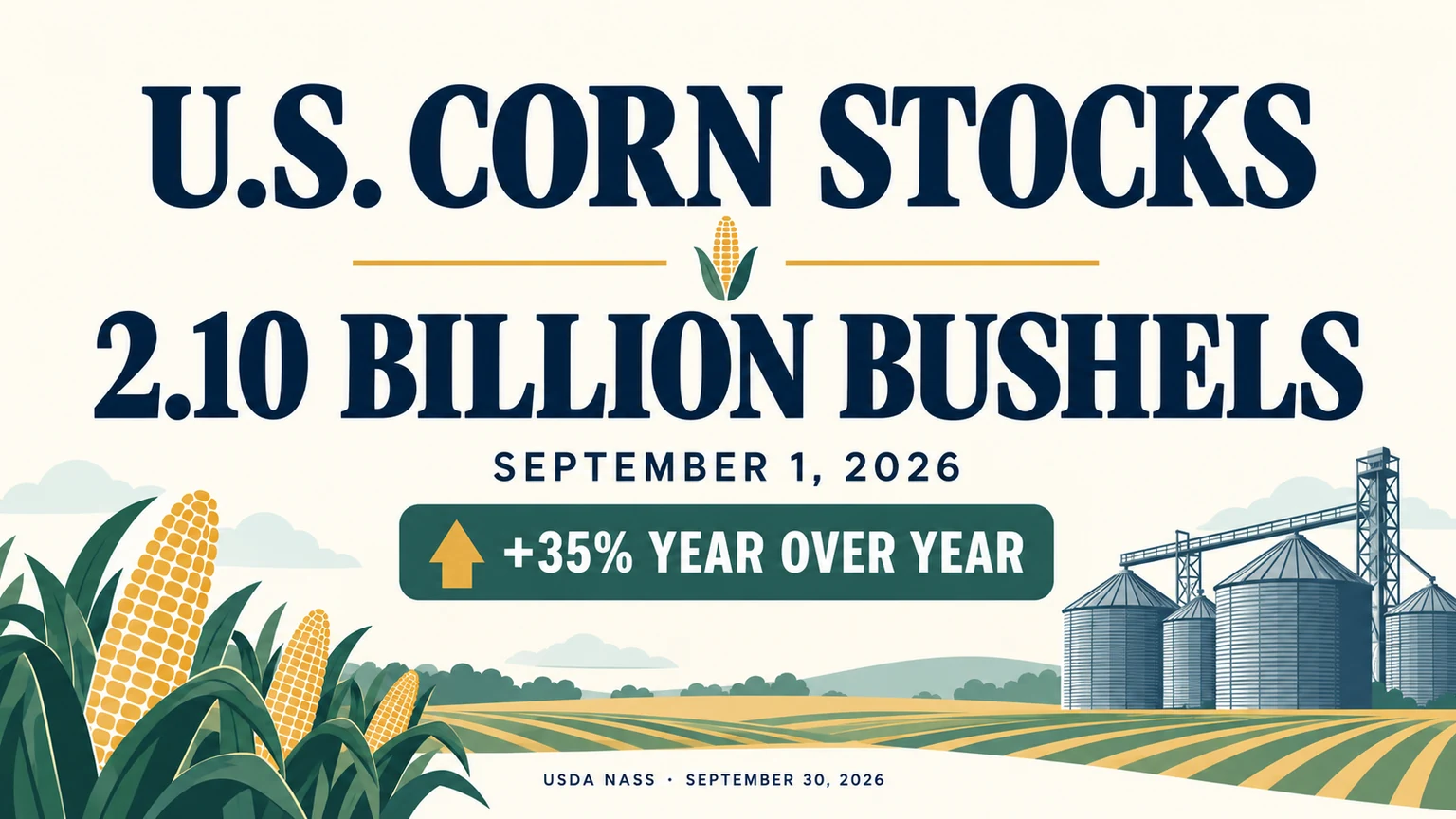 Editorial infographic showing U.S. corn stocks of 2.10 billion bushels as of September 1, 2026