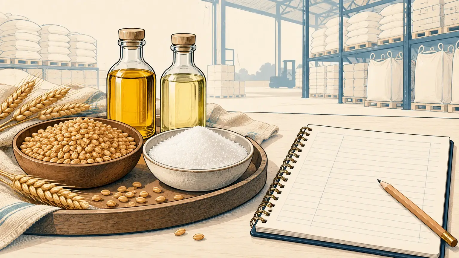 Editorial illustration of grain, sugar, plain edible-oil bottles and a blank procurement notebook