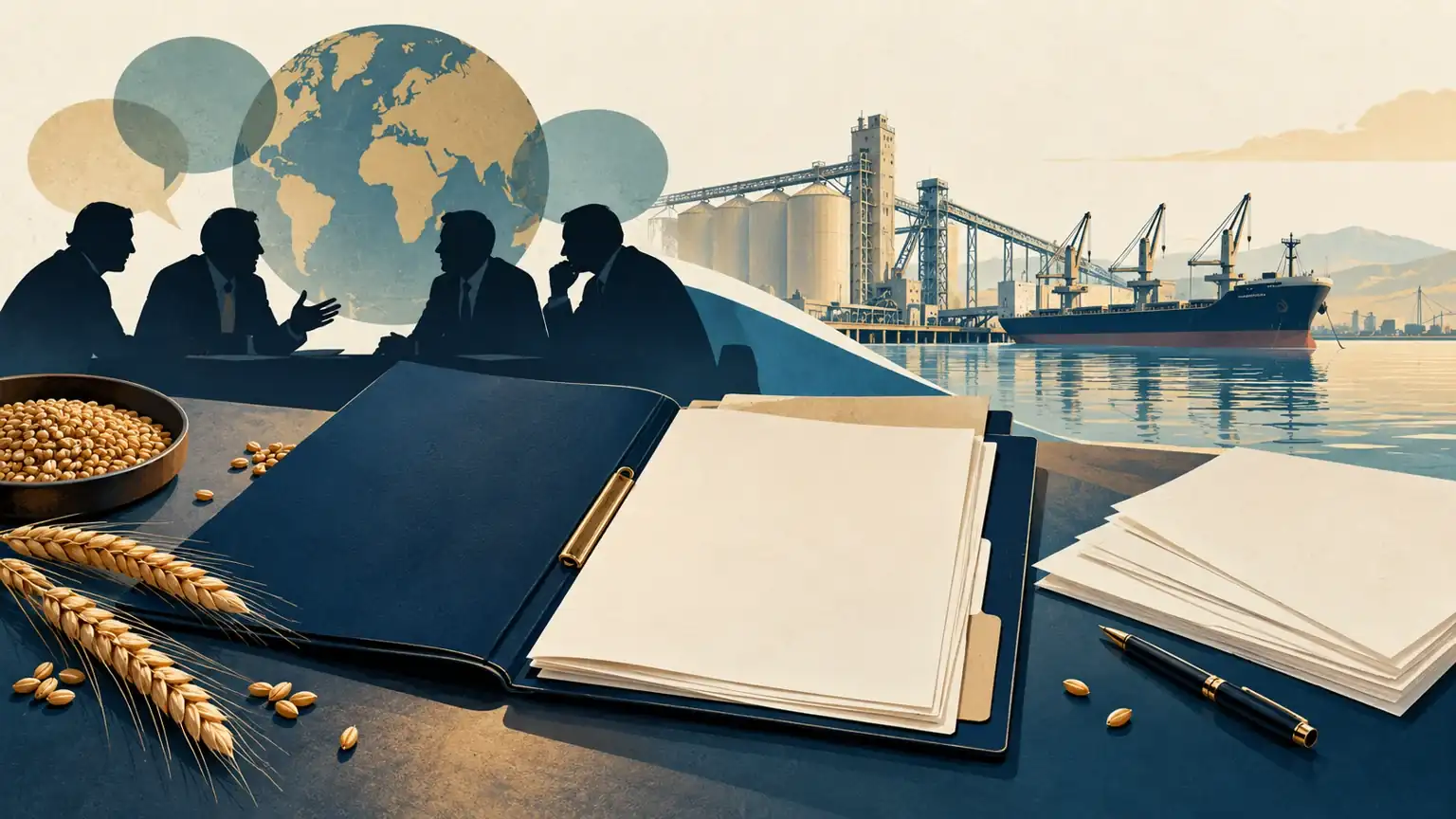 Editorial illustration of a blank grain shipment dossier, trade discussions and a grain export terminal