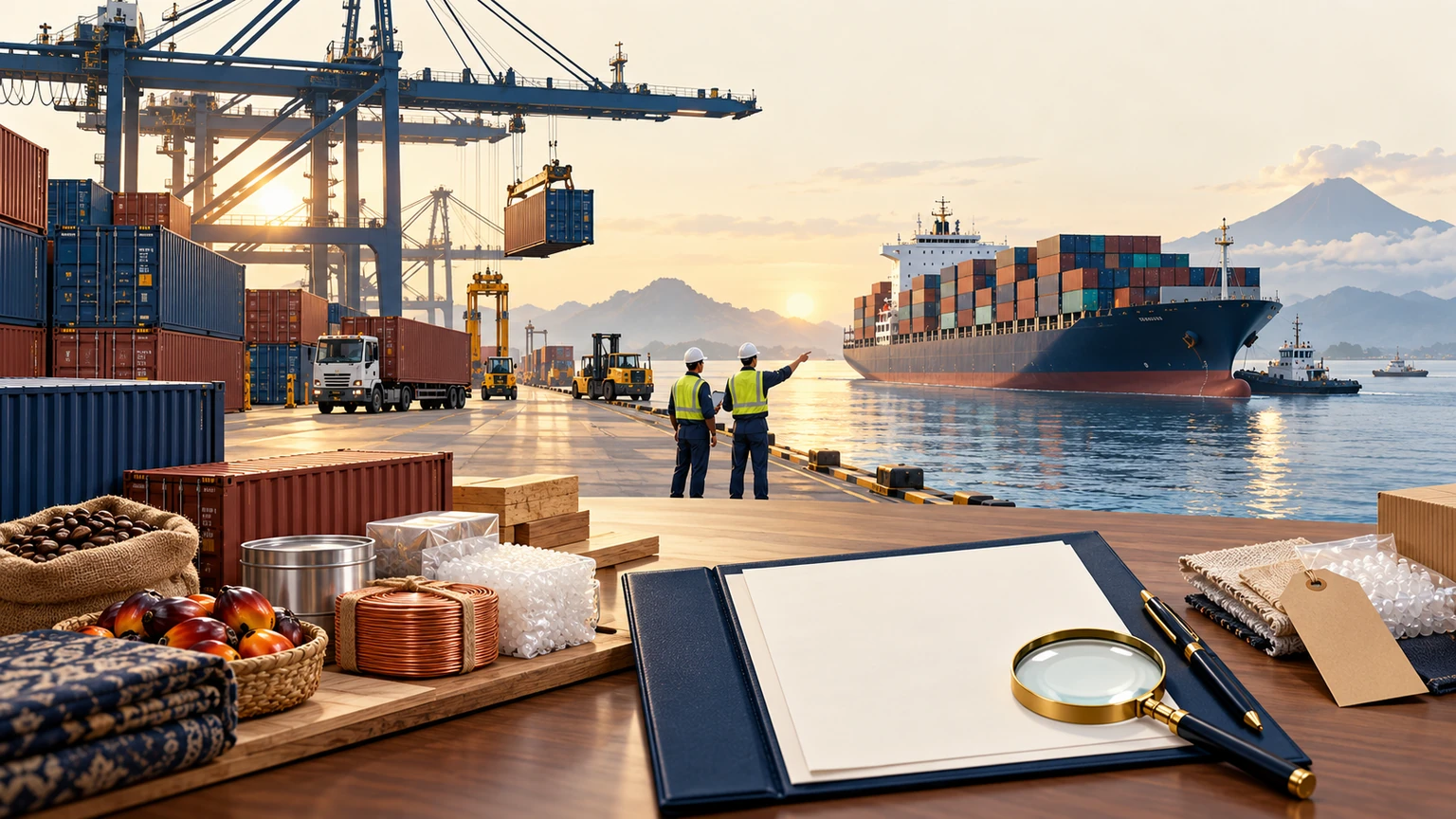 Editorial illustration of a cargo port and shipping containers beside blank procurement records and inspection tools.