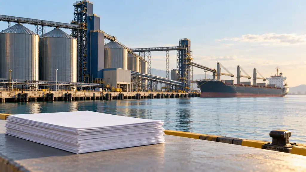 Grain elevators and a cargo vessel beside blank verification papers at a port, in a clean editorial illustration.