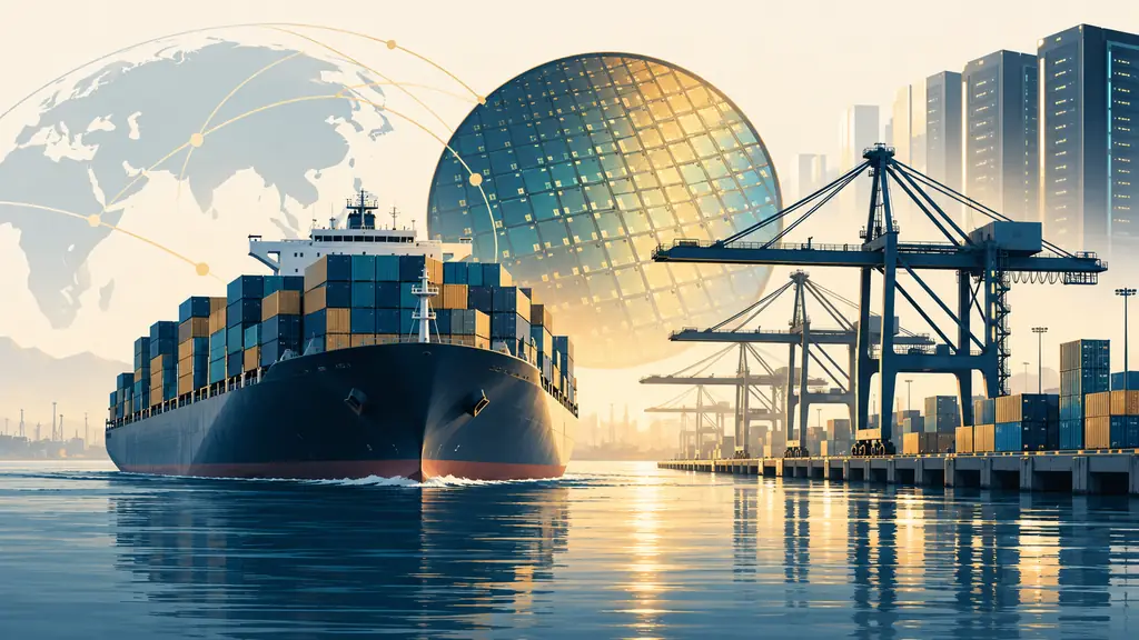 Editorial illustration linking a semiconductor wafer and server infrastructure with a cargo vessel and port cranes.