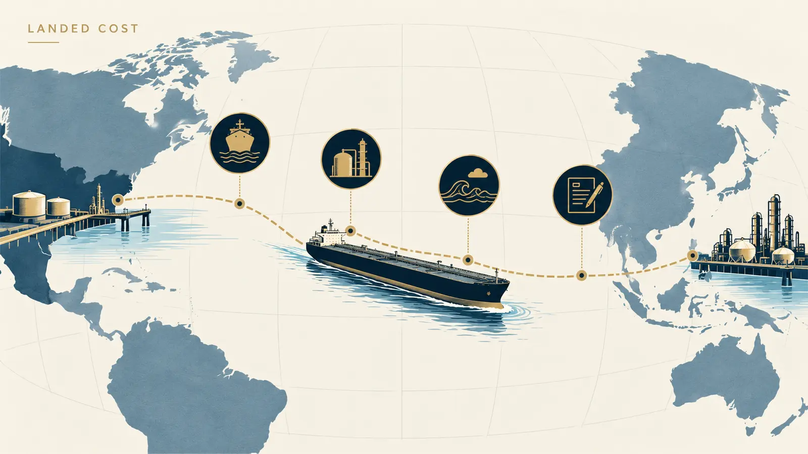 Landed-cost infographic showing a crude tanker route from a U.S. export terminal to an Asian refinery with four decision checkpoints.