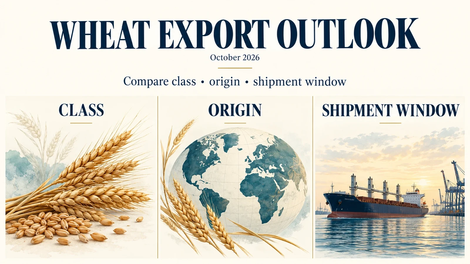 Wheat export outlook infographic: compare class, origin and shipment window, October 2026.